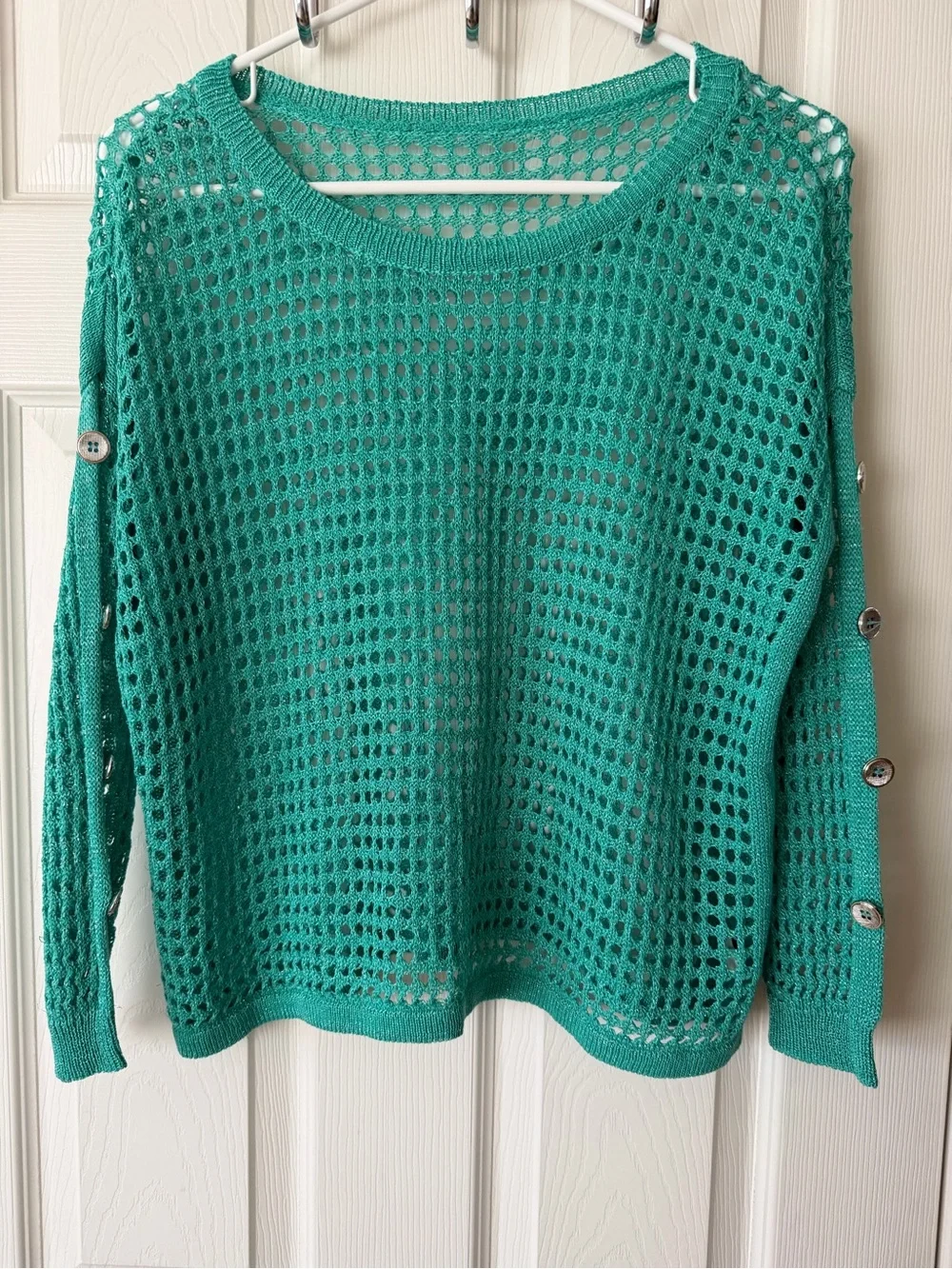 Open-Knit Button-Trim Crewneck Sweater in Teal